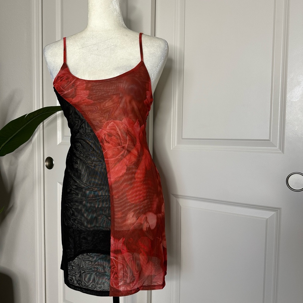 Two Tone Mesh Mini Dress - Oversized Rose Print